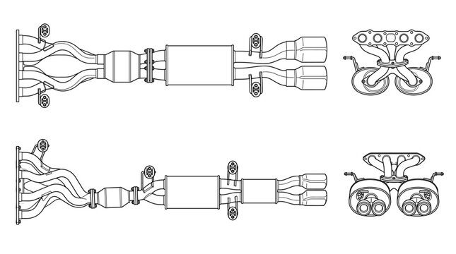Exhaust pipe automotive exhaust component technical drawing blueprint with front side back and side views CAD line art vector illustration