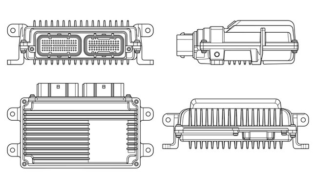 ECU module automotive electronic component technical drawing blueprint with front side back and top views CAD line art vector illustration