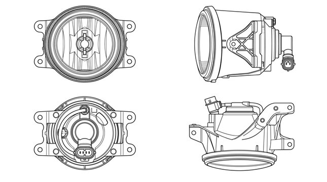 Fog light automotive lighting component technical drawing blueprint with front side back and side views CAD line art vector illustration