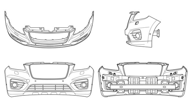 Front bumper automotive exterior component technical drawing blueprint with front side back and sectional views CAD line art vector illustration