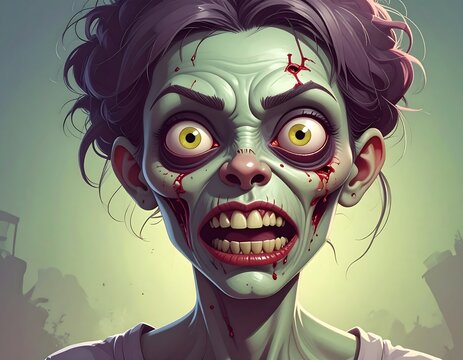 A cartoonish zombie woman with green skin and dark hair