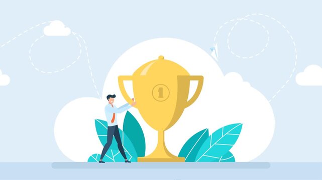 Business success strategy. Gold cup trophy symbol icon in flat style, team support and work. The concept of victory, competition, duel, fight. First place among competitors. 2d flat animation
