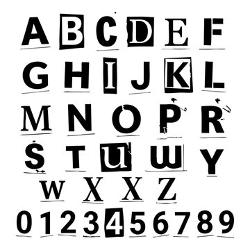Vintage ransom note style alphabet letters and numbers cut out of magazines with alphabet typography magazine typographic anonymous character collection
