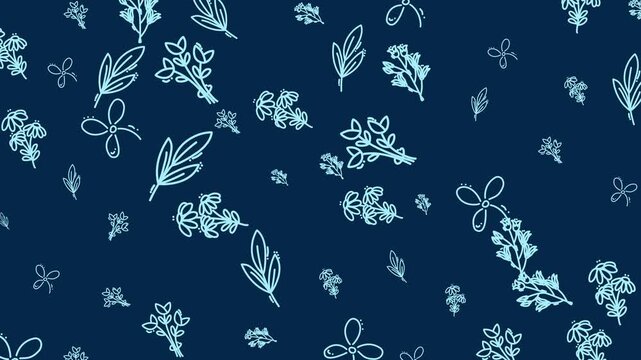 Seamless looping animation featuring hand-drawn floral doodles, leaves, and flower bouquets arranged in a decorative repeating pattern on a soft green background.