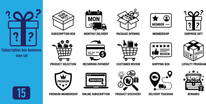 Subscription box business icon set, vector illustration collection of flat black icons representing subscription services, delivery, and customer experience