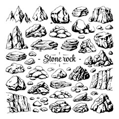 Fototapeta premium Hand drawn collection of rocks stones and mountain peaks sketch set with mountains landscape illustration boulders mountain geological outdoors collection