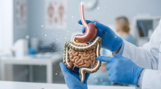 A medical professional in blue gloves holding a detailed model of the human digestive system in a clinical setting with a blurred background of a doctor's office.
