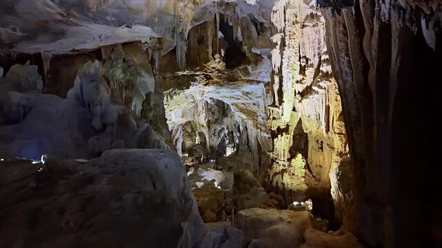 Cave With Stunning Visuals. Cavern Featuring Multicolored Illumination, Sweeping Vaults, Vietnam