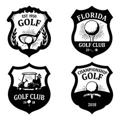 Fototapeta premium Set of four vintage golf club shields and sport emblems with championship illustration activity sporting tournament competition equipment collection