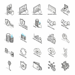 Fototapeta premium Set of isometric icons representing digital finance and online banking services, including mobile payments, security, and data analysis.