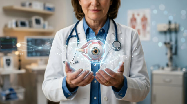 Female doctor in white coat holding virtual eye model in hands, smiling, in modern medical office with blue walls and equipment, representing healthcare and technology.