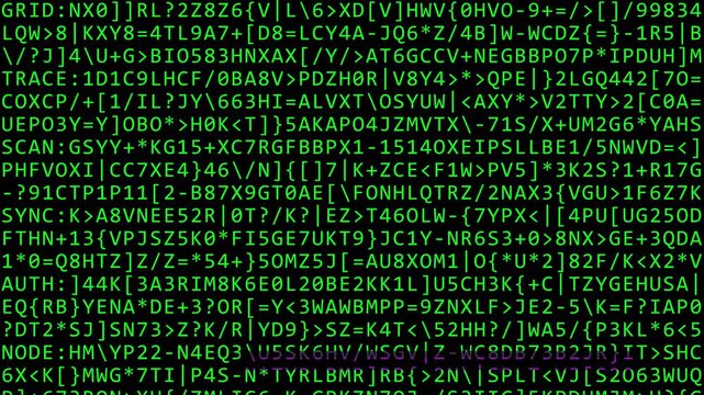 Green Random Text and Alphanumeric Code Stream on Dark Terminal Screen for Cybersecurity Data Matrix Technology Background