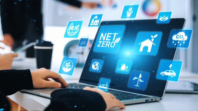 Net zero and sustainability concepts with environmental balance, digital sustainability icons, green energy goals, and eco-conscious digital business transformation for the future. Gist