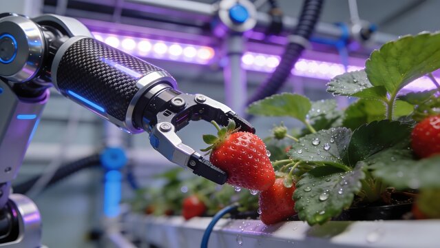 Robotic Arm Gripper Selecting and Picking Ripe Red Strawberry from Smart Farm Rack