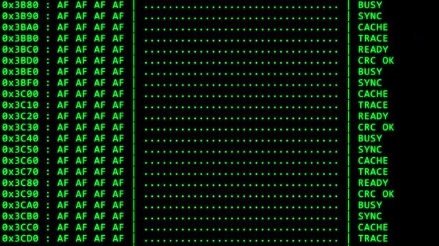Green Hexadecimal Data Dump and Random ASCII Text on Retro Terminal Screen for Cybersecurity, Memory Code and Hacker Background