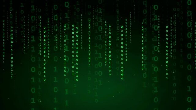 Digital binary code rain falling on dark green background for technology and cybersecurity concepts
