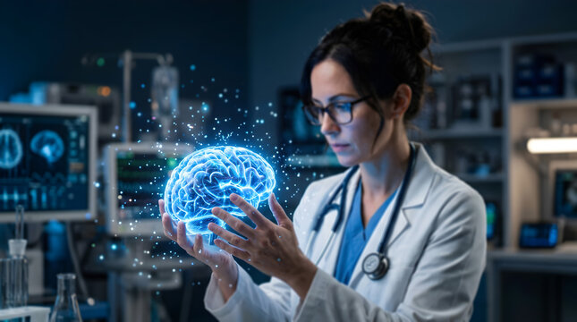 Female scientist in lab coat examining glowing blue brain with futuristic technology and medical equipment in a modern laboratory setting with a sense of innovation and discovery.