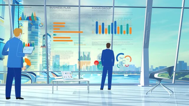 Businessmen analyzing data on modern interactive screens in the office