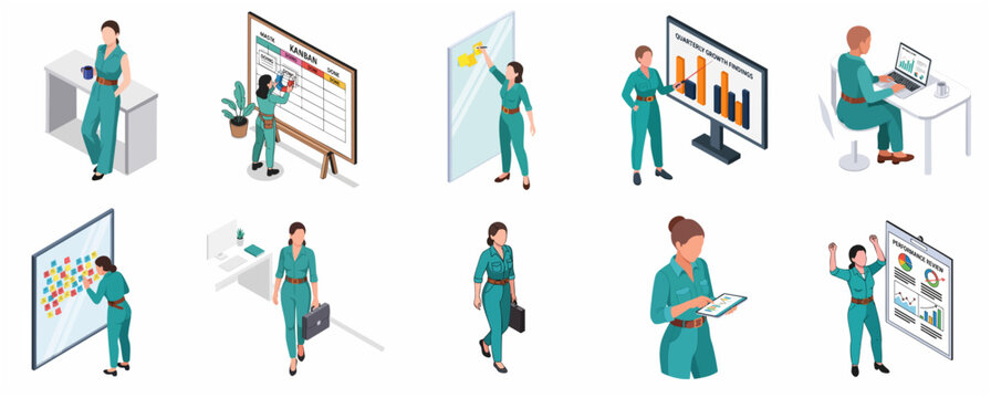 Set of Isometric Businesswoman Character Activities for Project Management, Agile Workflow, and Corporate Productivity, Featuring Kanban Board, Presentations, and Data Analysis