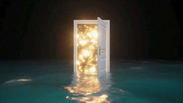 Doorway standing in dark water with glowing golden magical particles inside a cinematic 3D motion video animation background scene