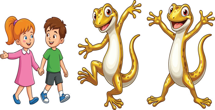 Cute Cartoon Kids with Funny Golden Lizard Characters &mdash; Happy Children and Gecko Mascots Vector Illustration