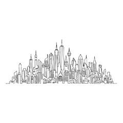 Fototapeta premium Minimalist continuous line drawing of a modern city skyline silhouette with architecture buildings skyscraper landscape continuous minimalist illustration