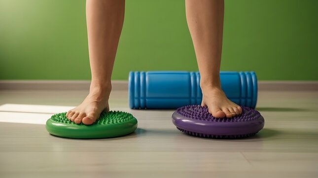 Physical therapy balance training feet on textured discs with foam roller