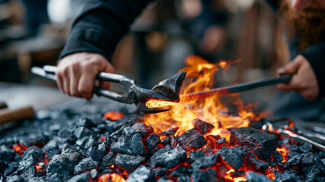 Blacksmith apprentice holds iron tongs steadying a glowing rod as a master craftsman demonstrates traditional forge-welding technique during a heritage craft revival residency program where rural sk