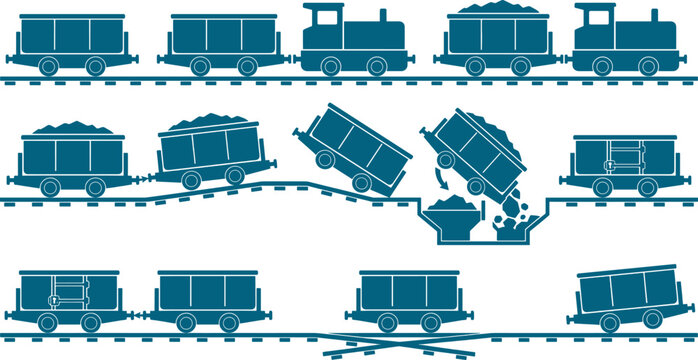 Bundle of mining train silhouettes showing coal carts on tracks and unloading operations