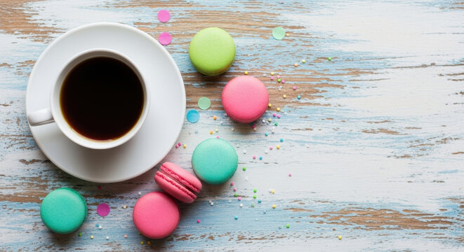 Coffee and Macarons on Weathered Wood Table Colorful French Pastries Dessert Treat Refreshment Drink Beverage Snack Sweet Food Still life
