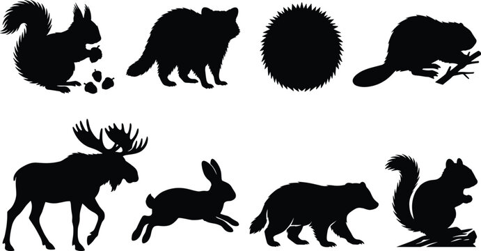 Forest wildlife animals silhouette vector set featuring squirrel raccoon hedgehog beaver moose running rabbit wolverine and chipmunk