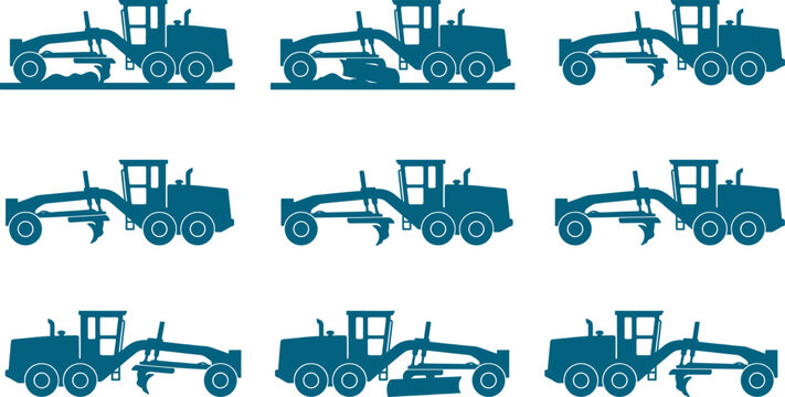Collection of motor grader construction vehicle silhouettes performing road maintenance and earthmoving tasks