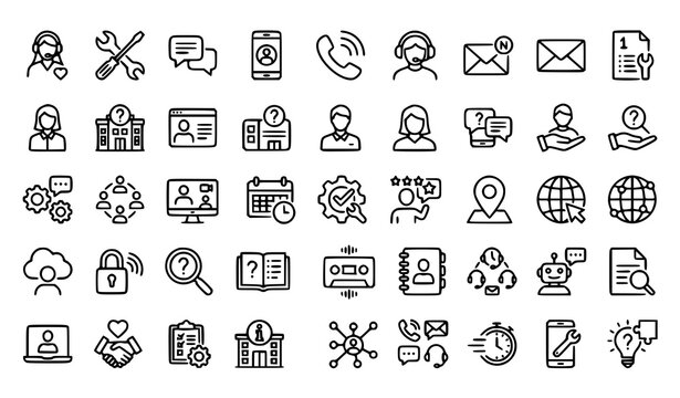 Customer Support and Contact Center Line Icons Set With Agent Chatbot Email Phone FAQ Knowledge Base Location and Service Symbols