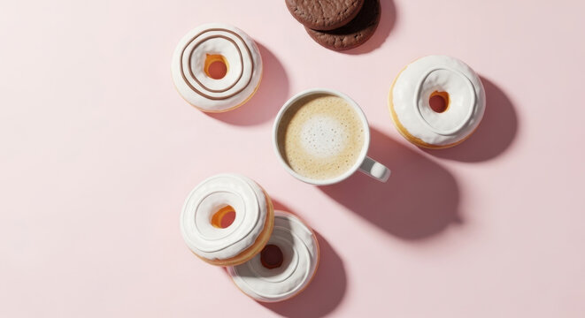Coffee Cup Donuts And Chocolate Cookies Delicious Sweet Treats Coffee Break Refreshment Bakery Confectionery Pastry Dessert Food