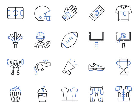 American Football, Helmet, Jersey, Goalpost, Trophy and Stadium Line Icons Set Editable Stroke Vector Illustration