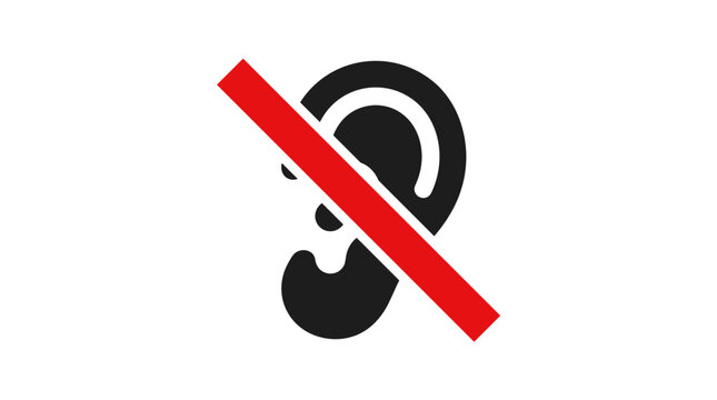Minimalist vector graphic illustrating a prohibition symbol against hearing loss featuring a black ear with a red slash