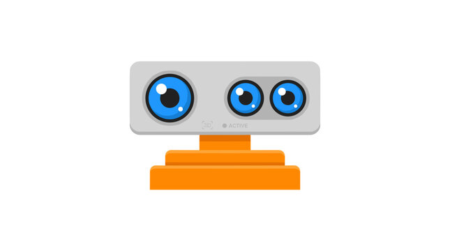 Minimalist flat icon illustration of a cute robot face with blue eyes and an orange base for modern graphics