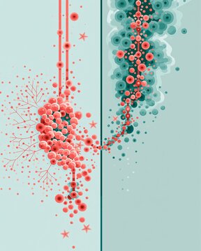 Medium shot focusing on a sidebyside comparison of healthy and hypothyroid thyroid cells using coral and teal accents to illustrate differences in hormone production pathways in