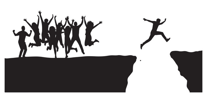 Black silhouette of people jumping off a cliff