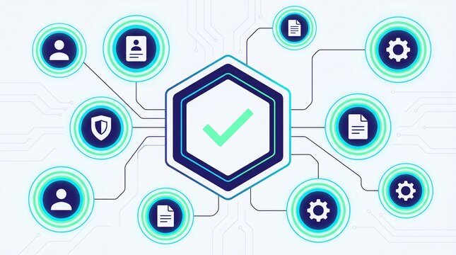 Minimalist flat vector illustration of a central verification checkmark connected to identity and security icons