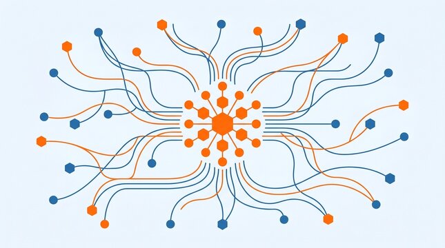 Minimalist flat vector illustration of a centralized data hub with network distribution lines