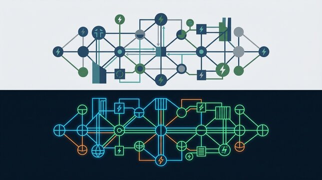 Minimalist flat vector illustration of a network topology and system architecture diagram in light and dark mode