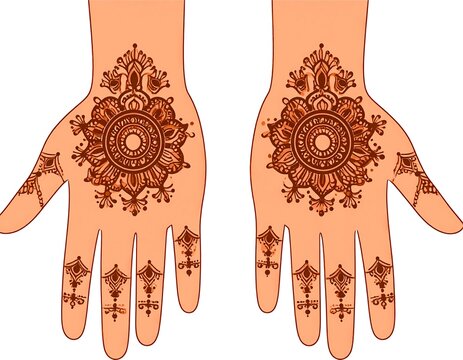Illustration of two open hands with elaborate henna designs on the palms and fingers, featuring symmetrical floral patterns