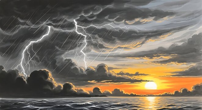 Stormy weather seascape with lightning at sunset