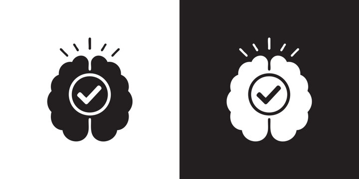 Minimalist Dark Blue Brain with Check Mark Icon and Radiating Idea Lines - Modern Mental Health Psychology Symbol, Creative Genius Brainstorming Graphic, and Intellect Checklist Vector