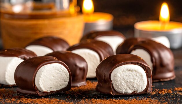 A close-up of chocolate-covered marshmallow treats on a dark surface