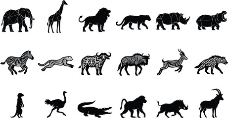 African safari wildlife silhouette vector set featuring geometric animals tribal patterns savanna creatures isolated on white background © Mst Farida