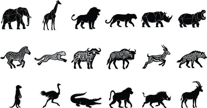 African safari wildlife silhouette vector set featuring geometric animals tribal patterns savanna creatures isolated on white background