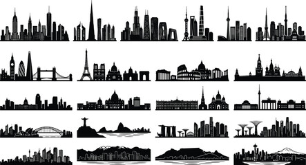 Global city skylines silhouette set featuring famous international landmarks urban landscapes and metropolitan architecture horizons isolated on white © Mst Farida