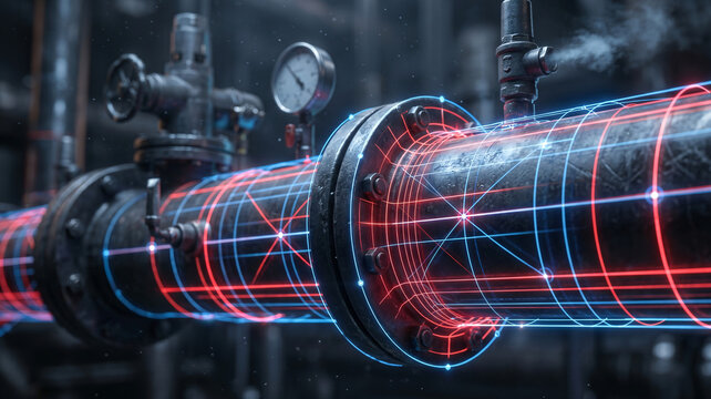 Macro of a dark industrial metal pipe with valves mapped by a glowing neon red and blue wireframe grid